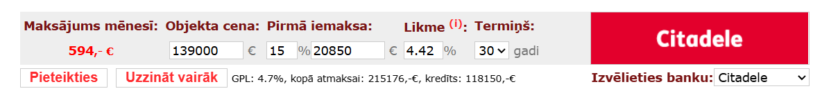 Пример ипотечного расчёта Citadele для квартиры за 139000 евро