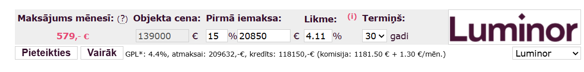 Пример ипотечного расчёта Luminor для квартиры за 139000 евро